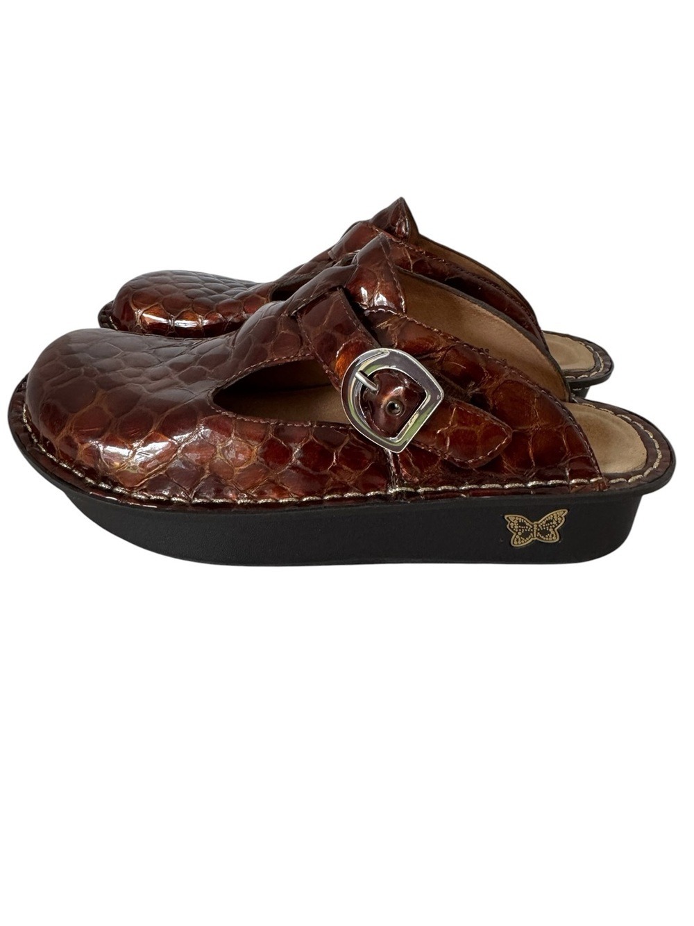 Alegria Patent Leather Mary Jane Clogs Sz 38 US 7.5 Brown Faux Croc Shoe Mules
